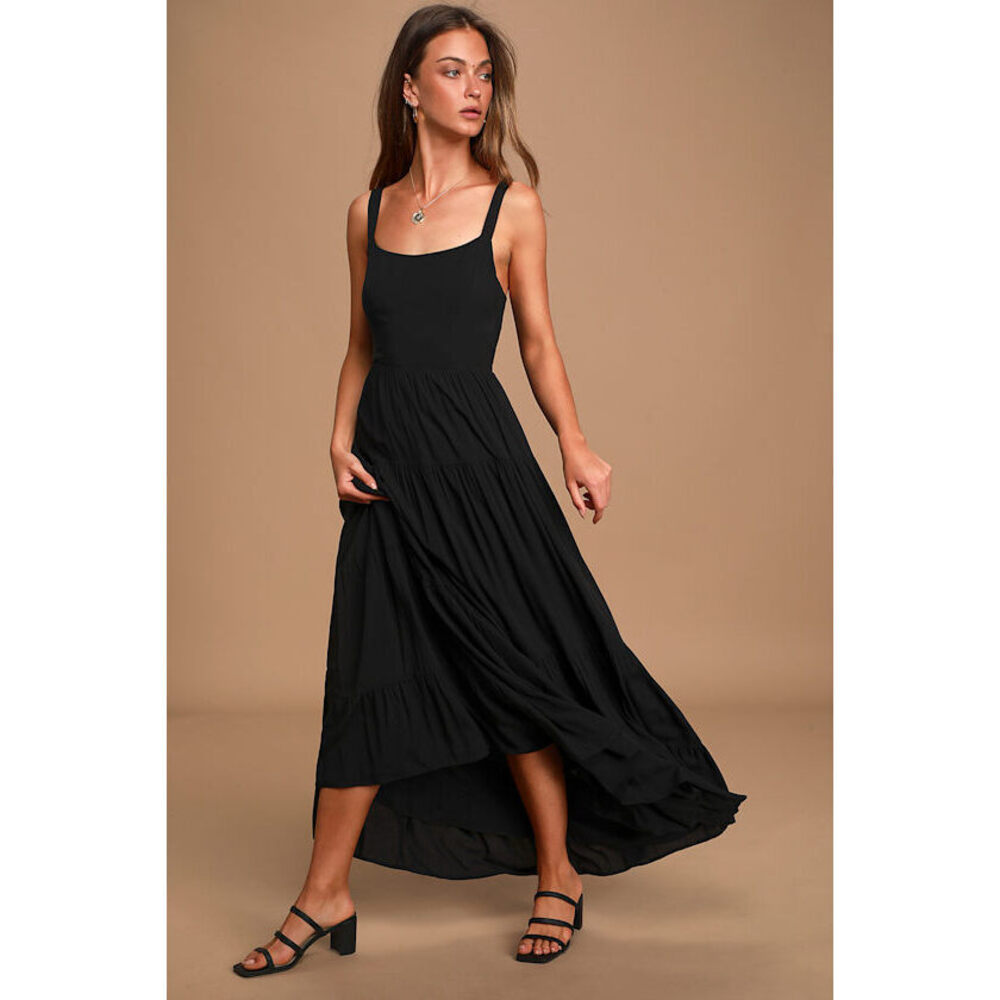 Lulus Falling Into Place Black Tiered Tie-back Maxi Dress - Size S